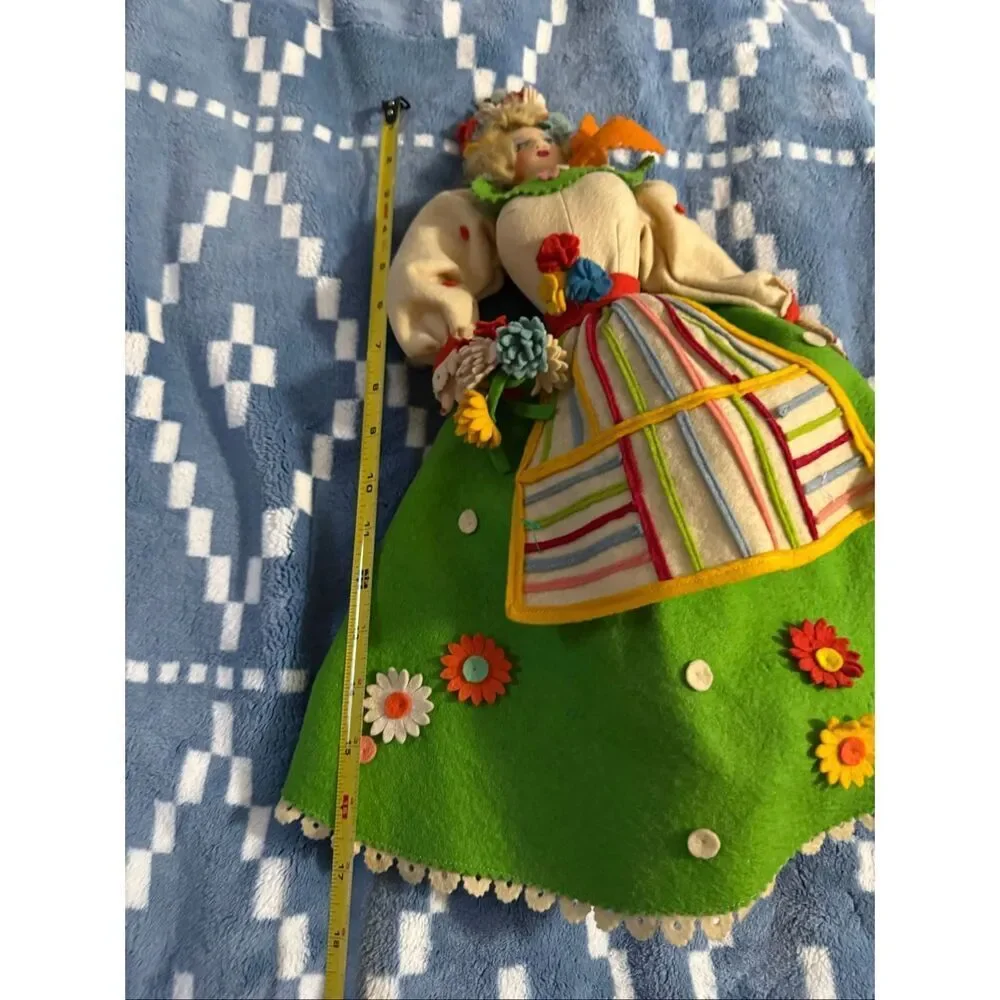 Vintage Lucianda Argentina Folk Art Doll Floral Felt Dress Handmade Souvenir